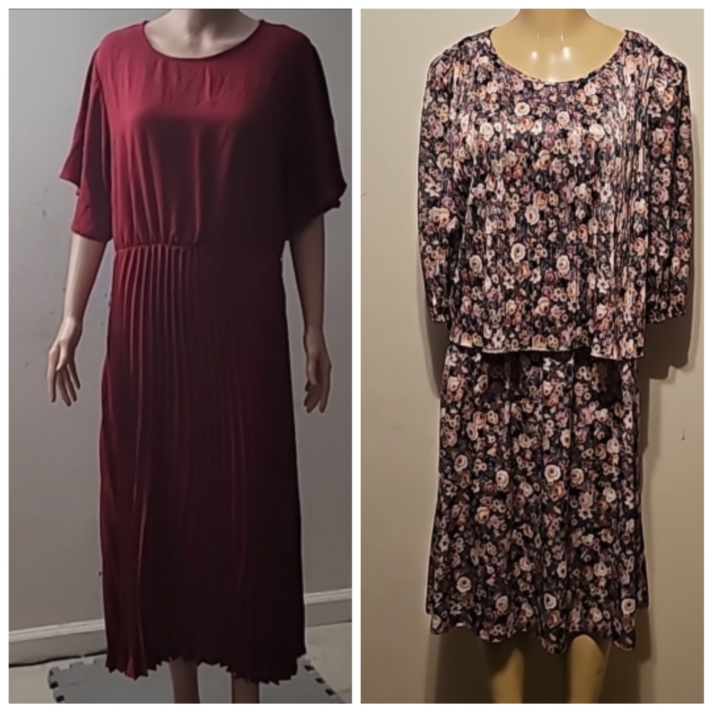 Red Pleated Dress and Floral Dress Set